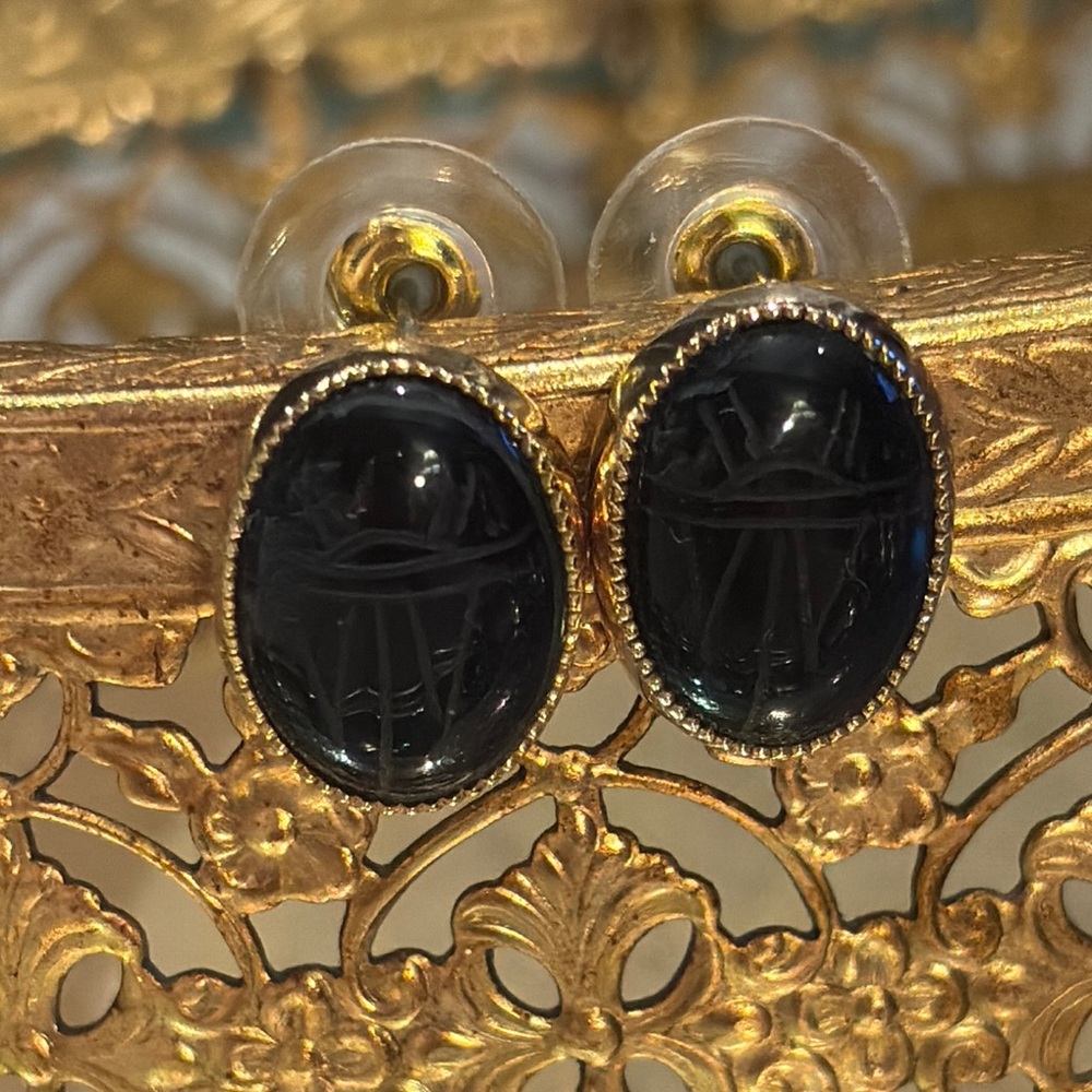 Black Onyx Egyptian Scarab Earrings with Gold-Tone Settings